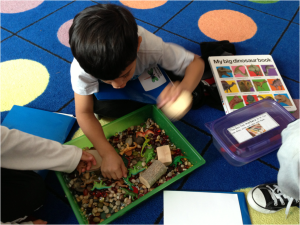 Playing with the dinosaur sensory box while making a book about dinosaurs